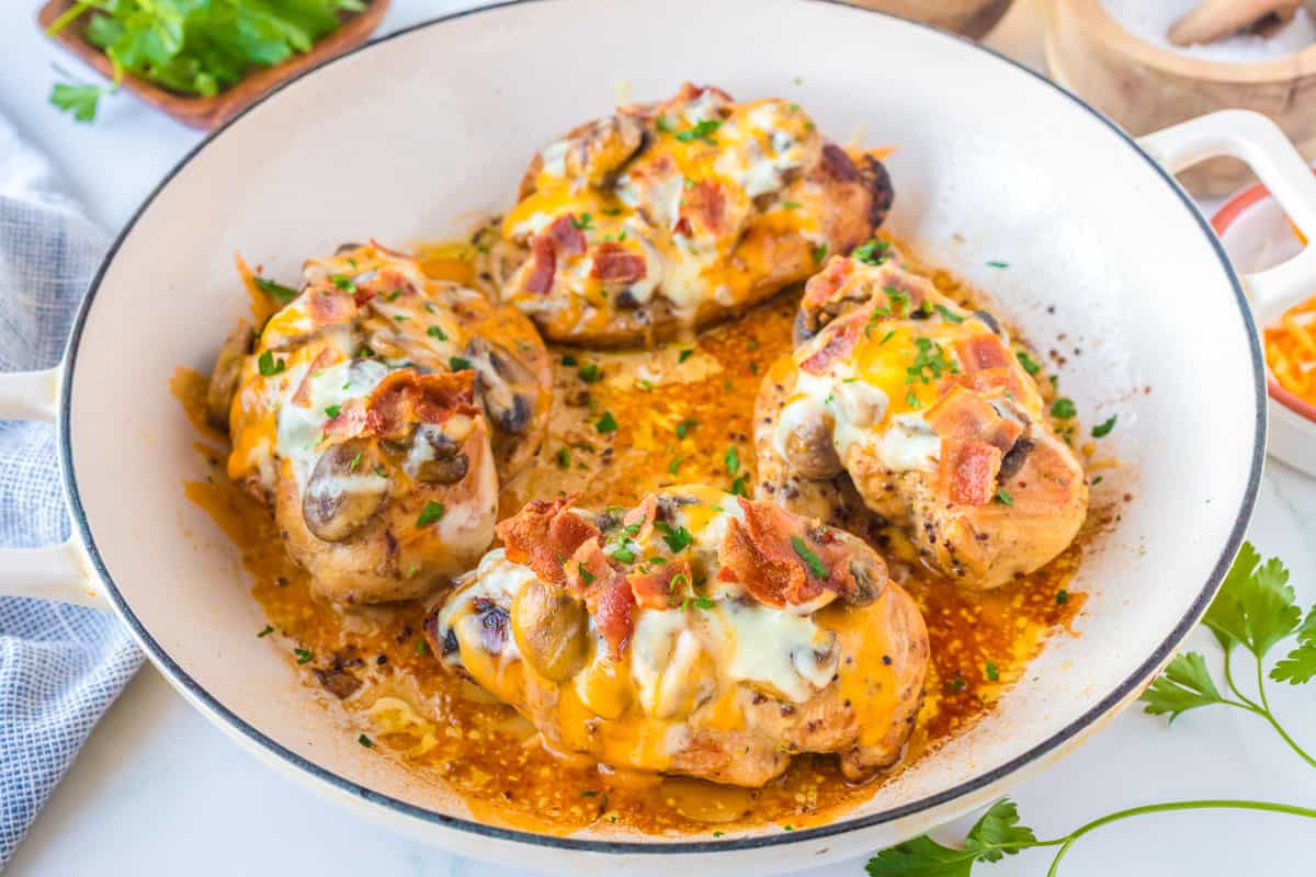 Baked Alice Springs Chicken in a skillet.