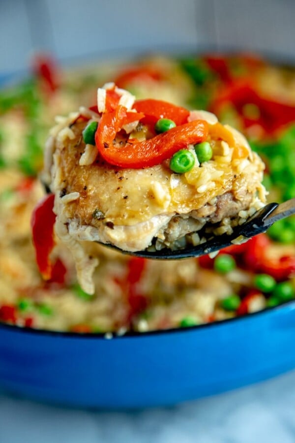 arroz con pollo in a blue skillet