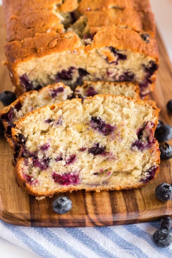 blueberry bread on a wooden board