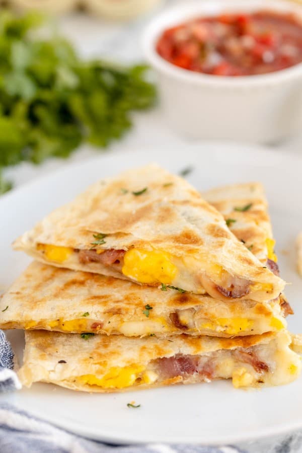 breakfast quesadillas in a stack.