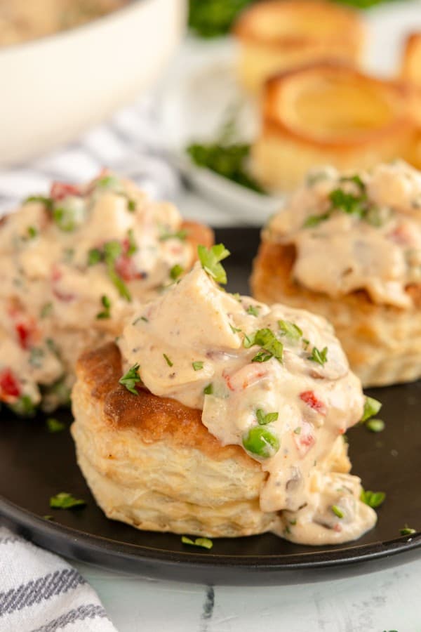 chicken a la king, on a pastry case.