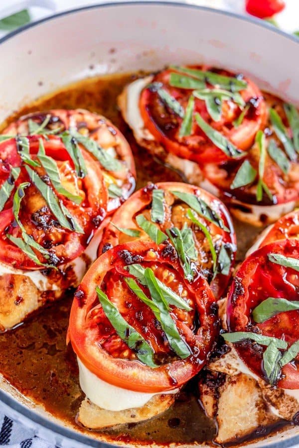 chicken caprese in a skillet