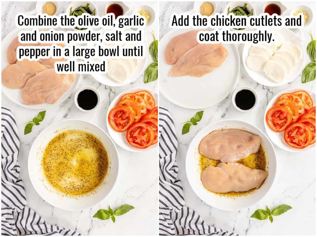 step by step to making chicken caprese - seasoning the chicken