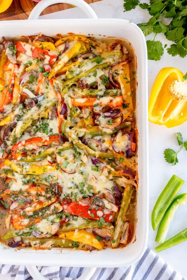 Chicken Fajita Casserole in a white baking dish