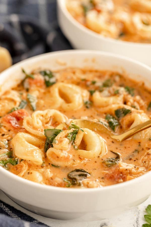 Chicken tortellini soup in a bowl with a spoon.