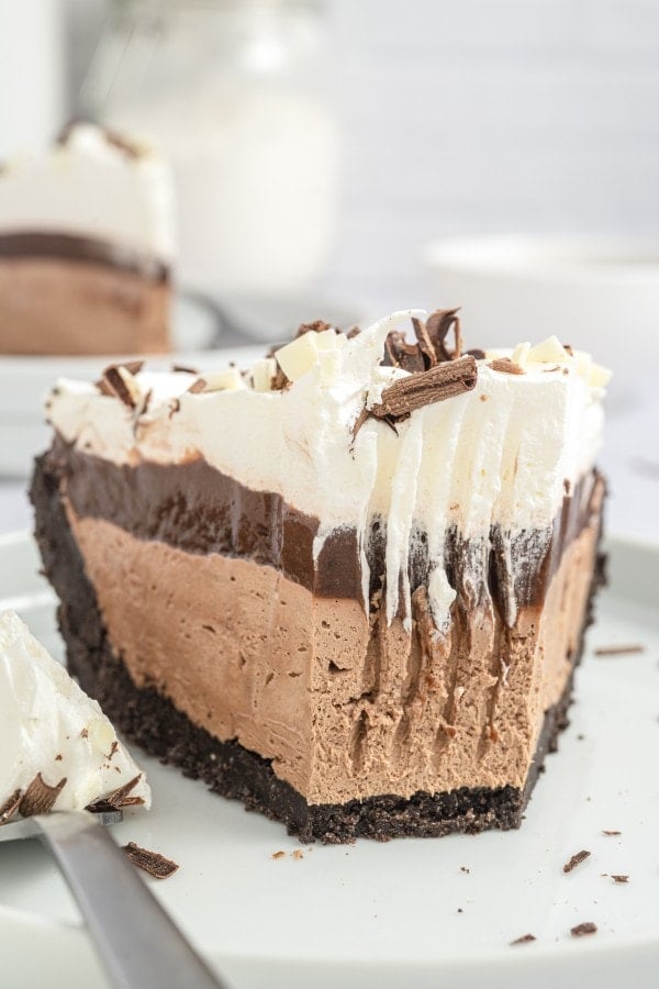 slice of chocolate pie on a white plate.