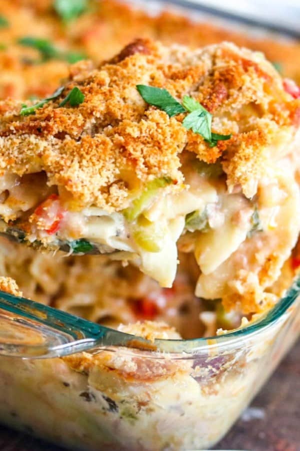 tuna casserole with a spoon of food removed