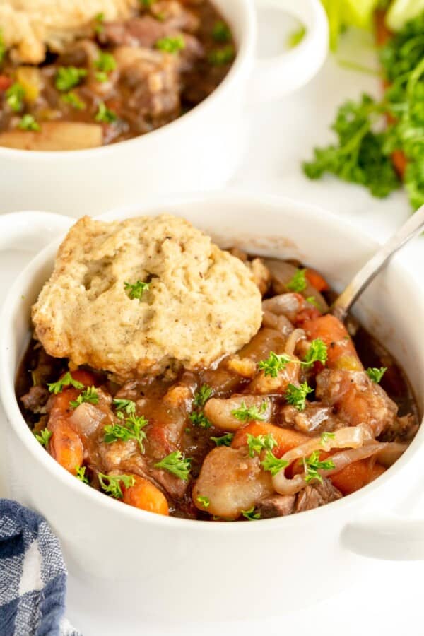 beef stew with dumplings in a white bowl