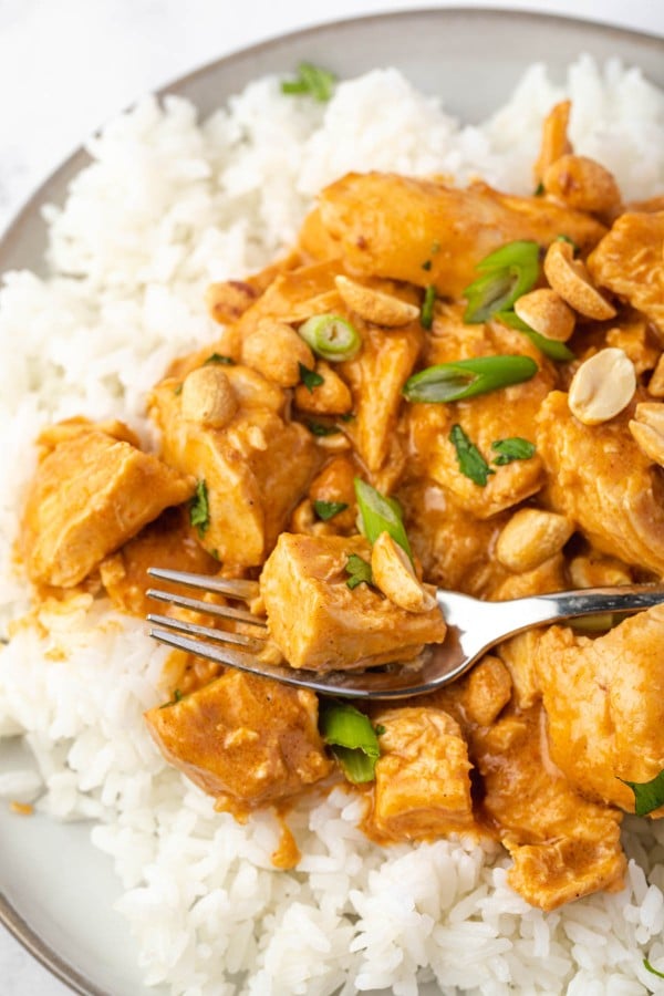 crockpot chicken curry on rice with a fork.