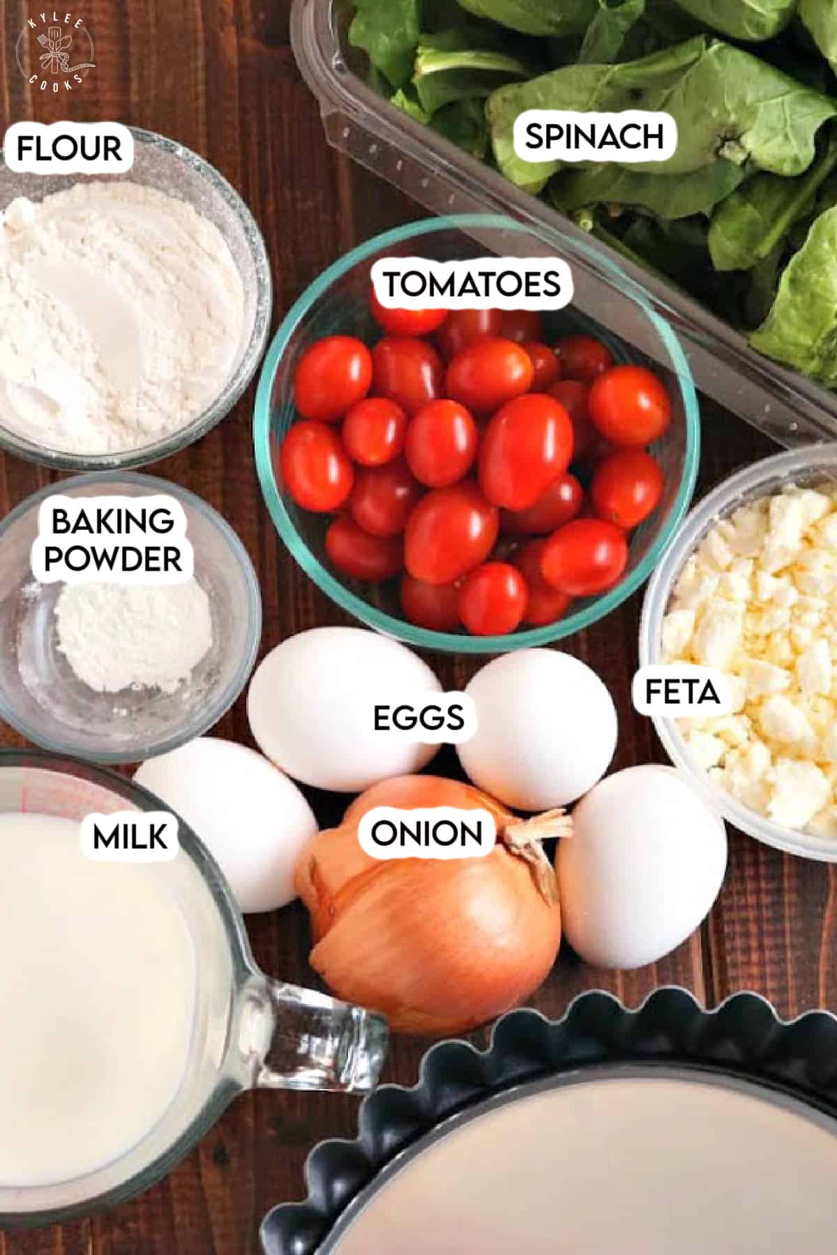 ingredients for crustless quiche laid out and labeled.