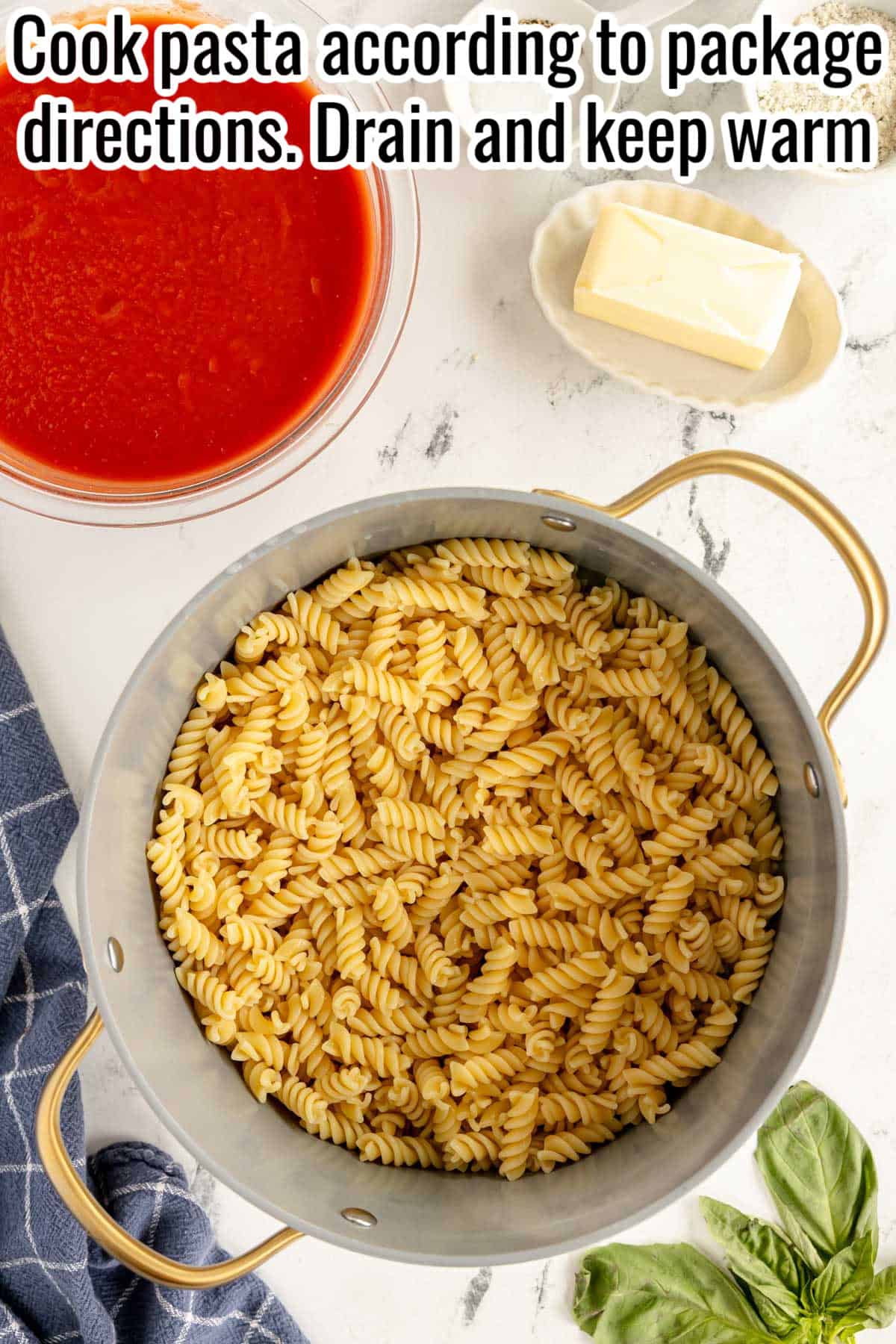 cooked pasta in a pot.
