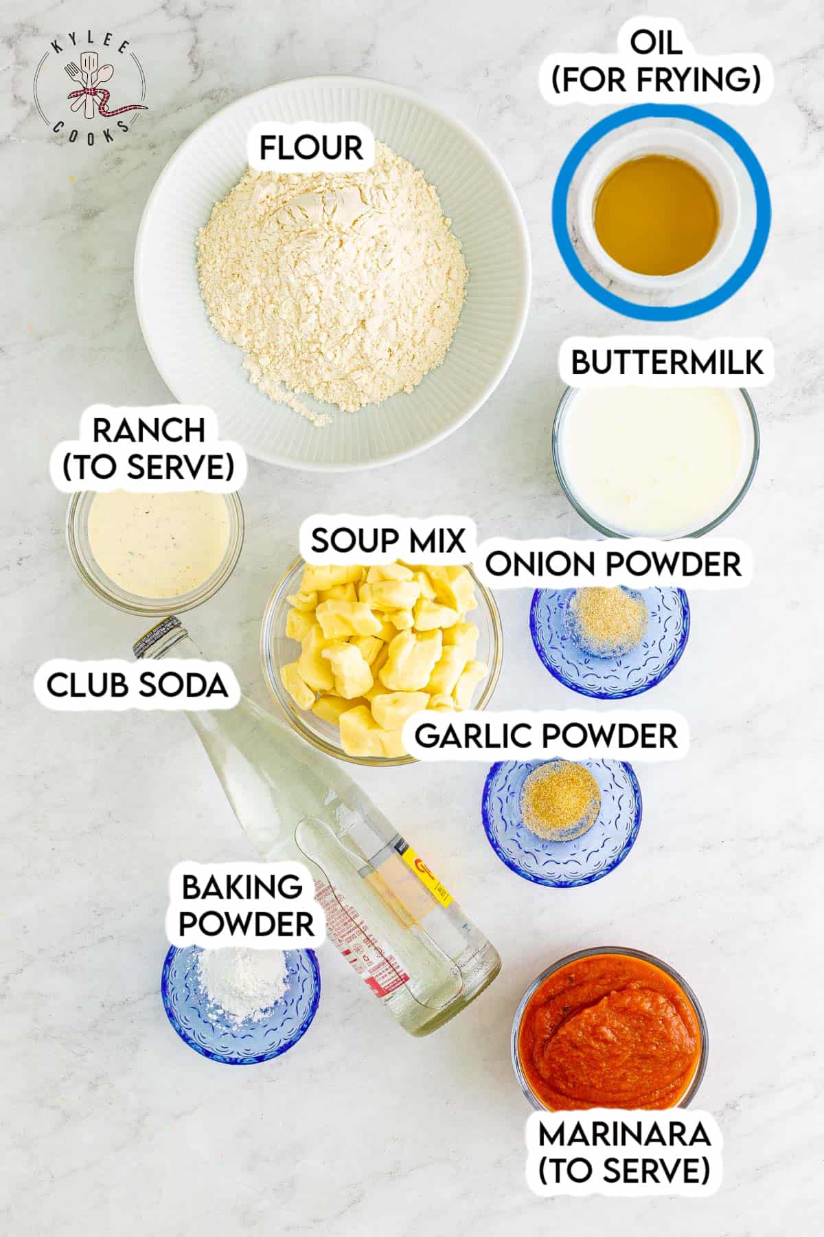 ingredients to make fried cheese curds laid out and labeled.