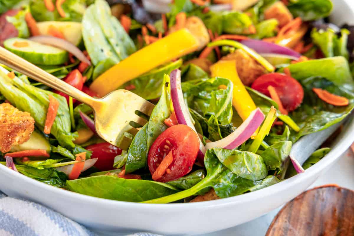 A garden salad with fresh vegetables and crispy croutons.