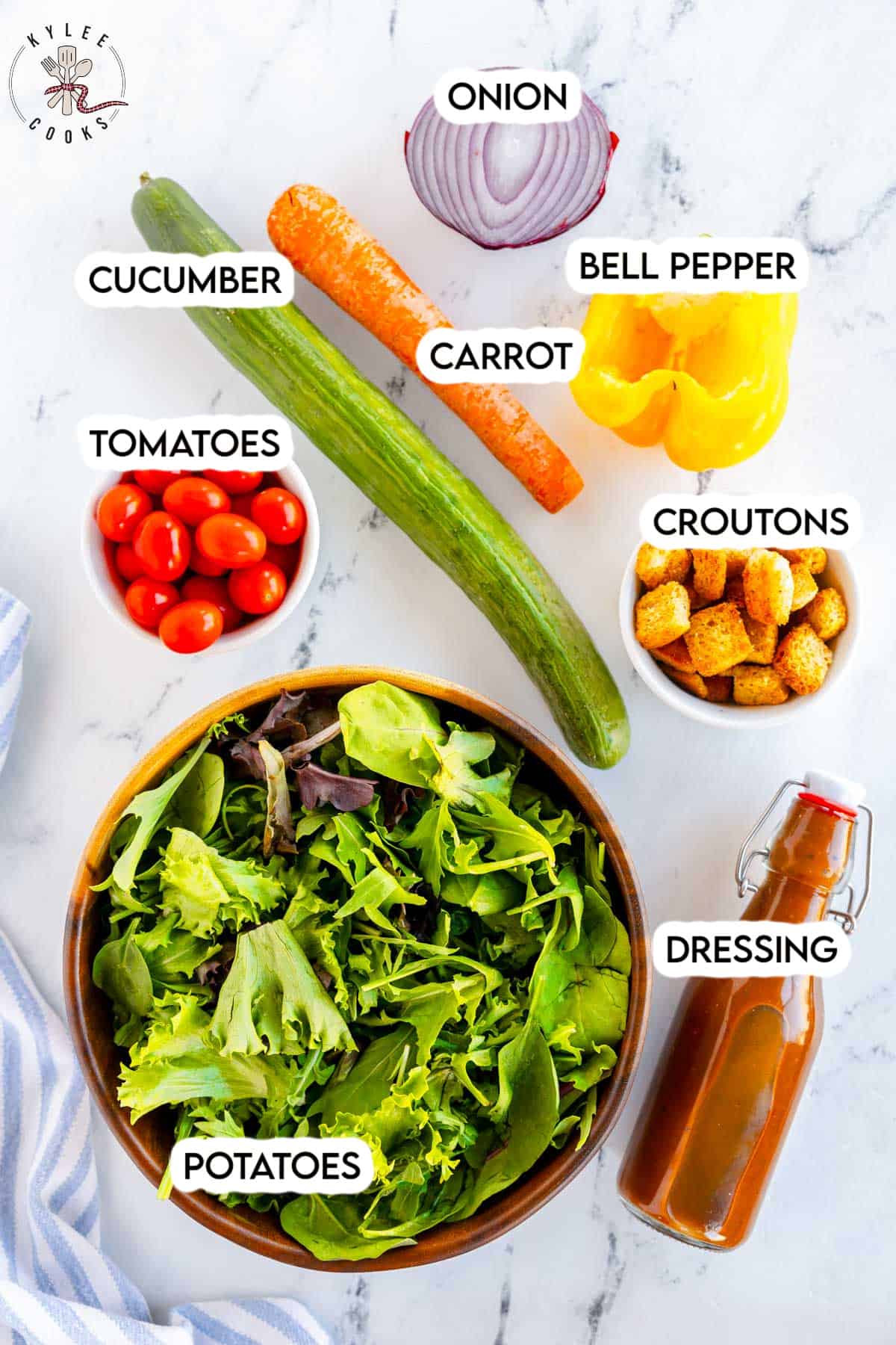 ingredients to make garden salad, laid out and labeled.