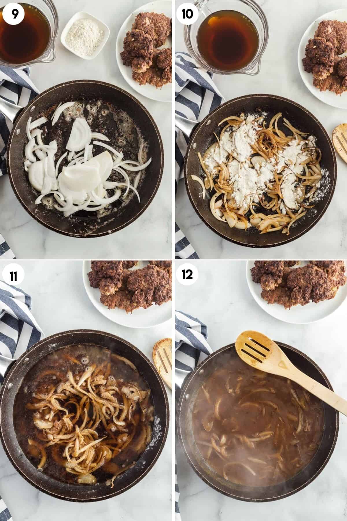 collage of making onion gravy for hamburger steaks