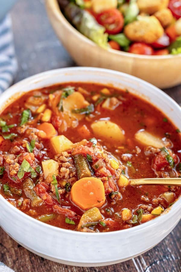 hamburger vegetable soup in a bowl.