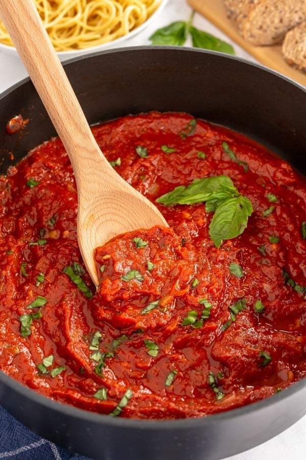 homemade marinara sauce in a black skillet