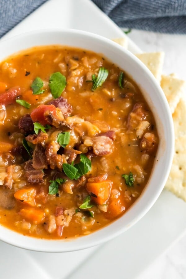 lentil soup in a white bowl, close up