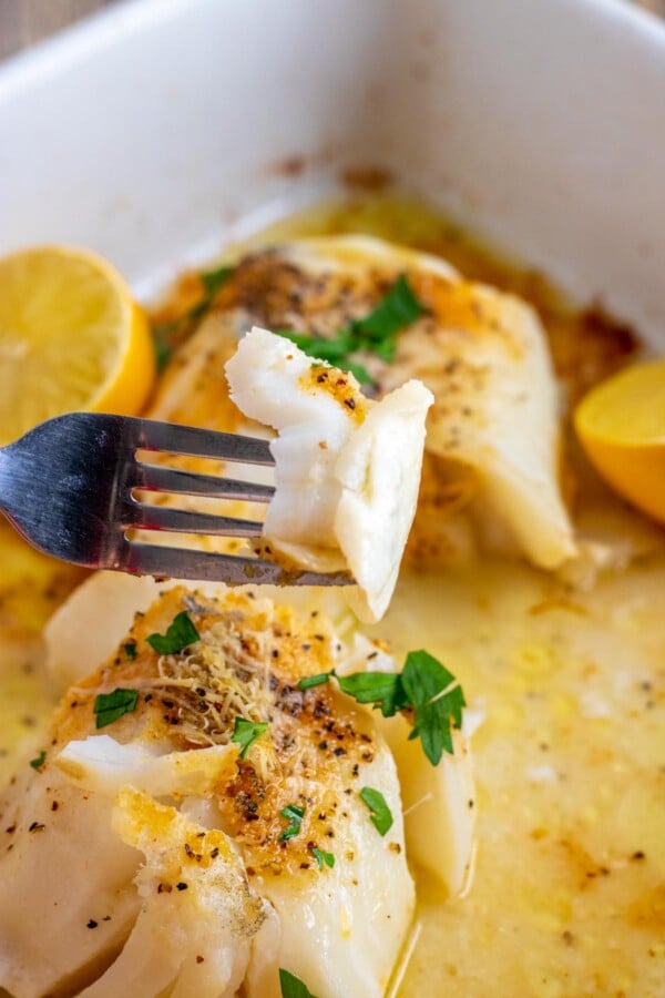 oven baked fish on a fork