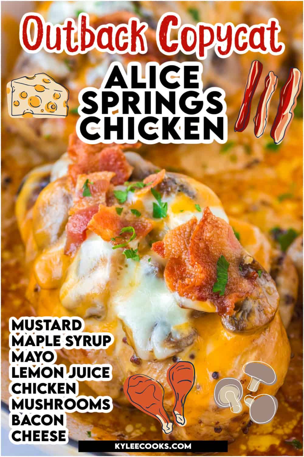 alice springs chicken in a skillet with recipe name and ingredients overlaid in text.