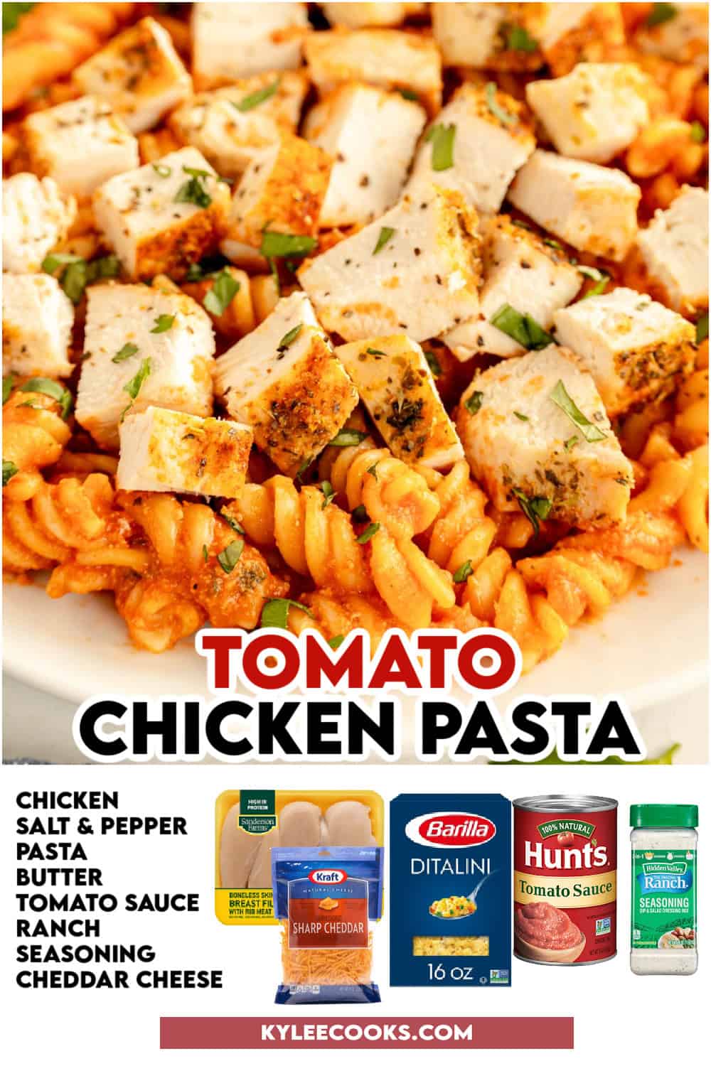 tomato chicken pasta in a bowl with recipe name and ingredients overlaid in text.