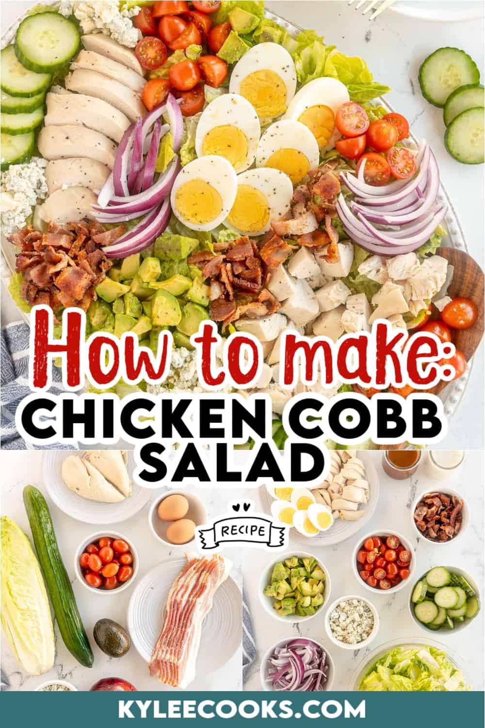 chicken cobb salad on a plate with recipe name and ingredients overlaid in text.