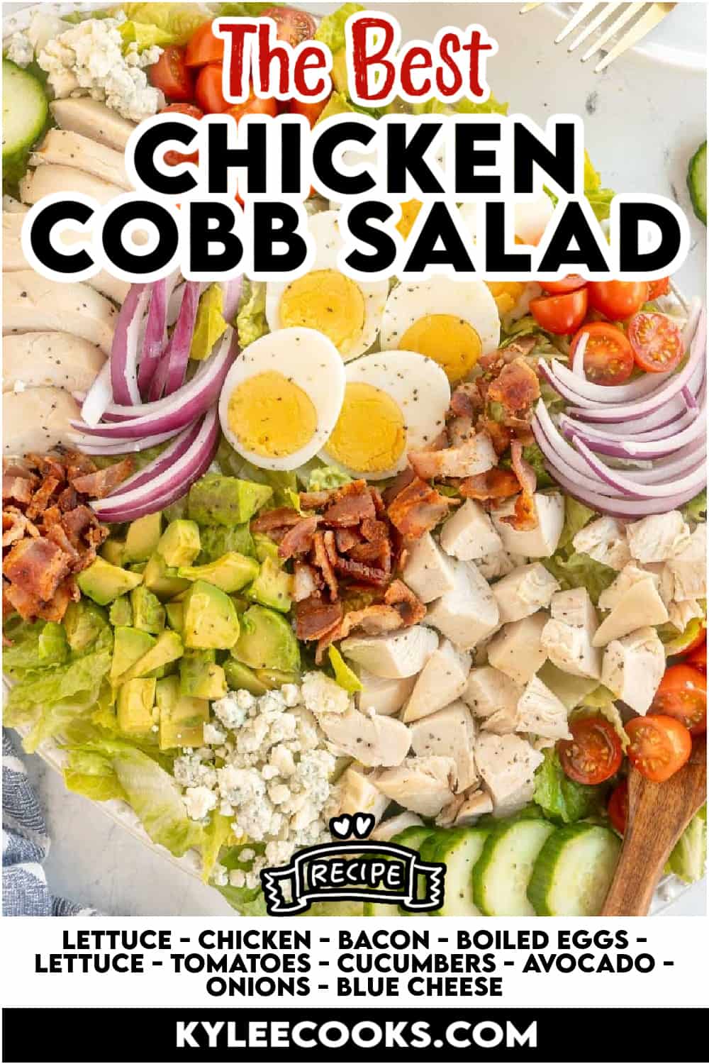 chicken cobb salad on a plate with recipe name and ingredients overlaid in text.