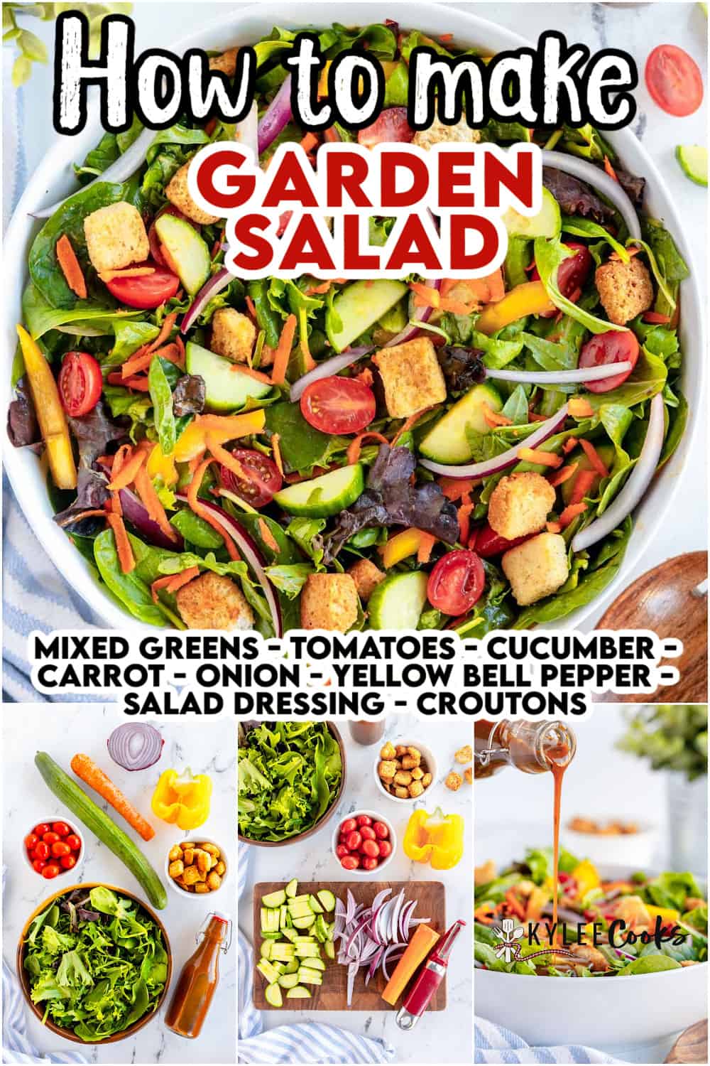 Garden salad with "how to make garden salad" overlaid in text.