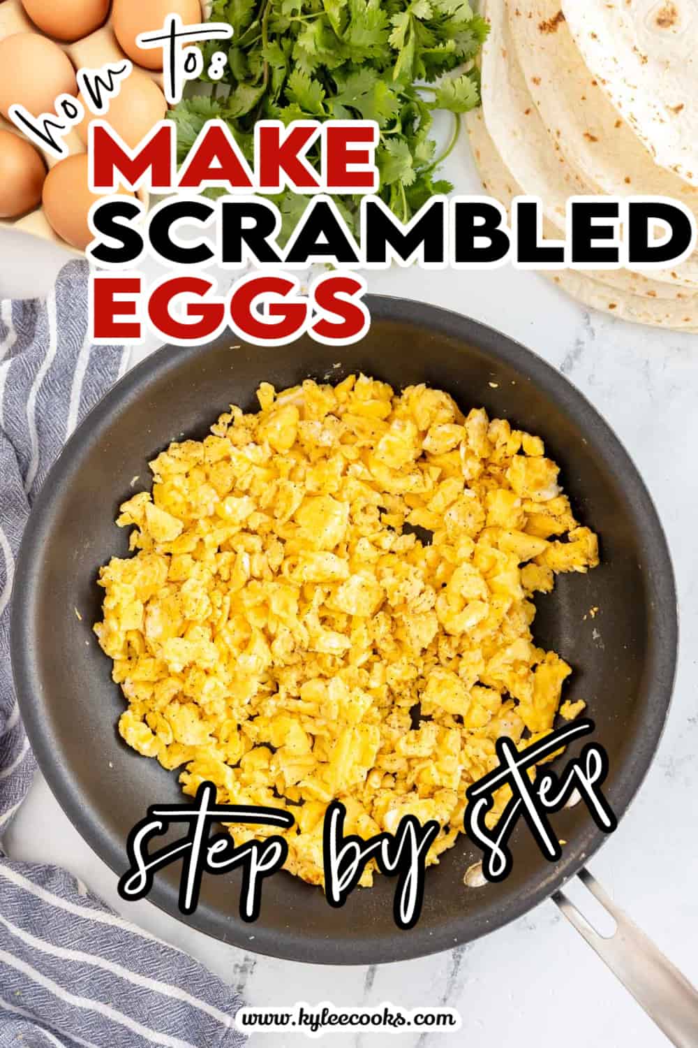 skillet with scrambled eggs in it with text overlaid.