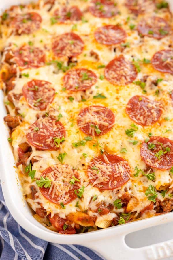 Pizza casserole in a white dish.