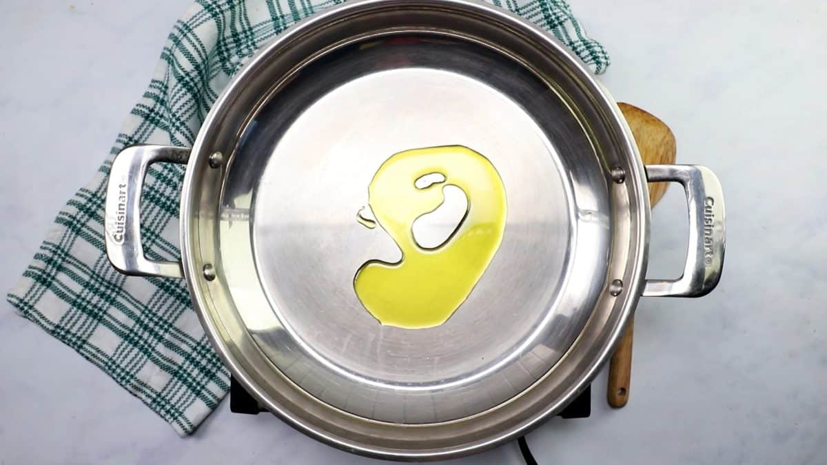oil in a stainless steel pan.
