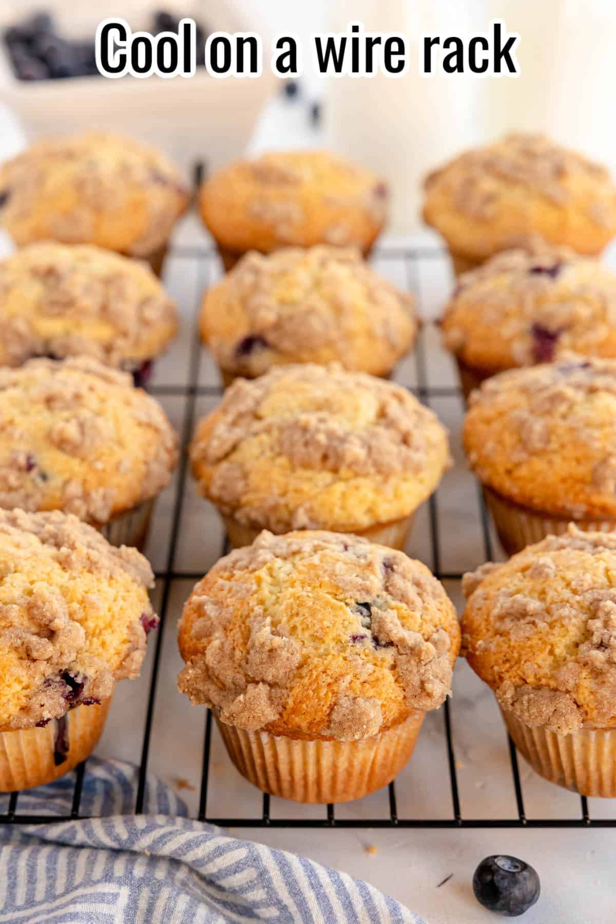 blueberry muffins cooling on a wire rack.