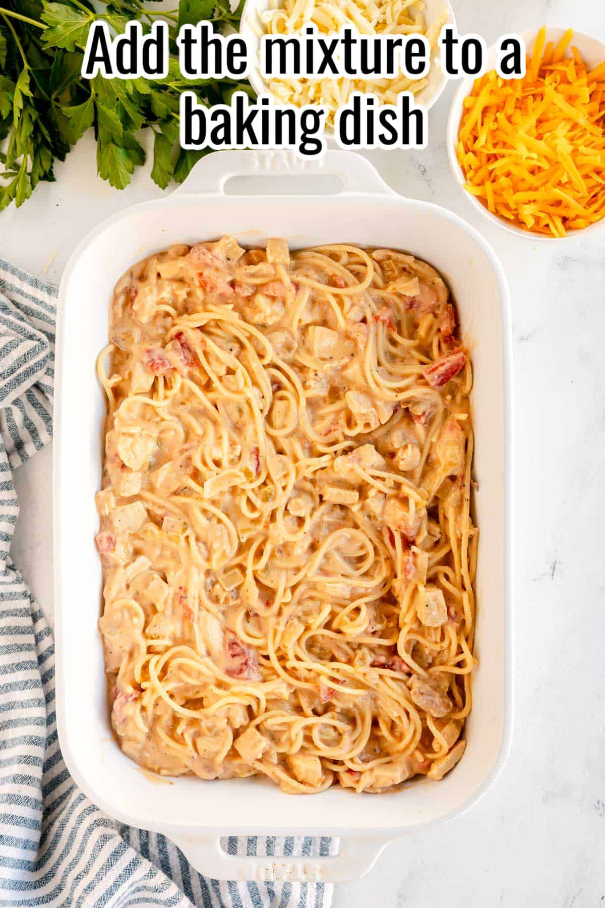 Add the creamy mixture to a baking dish.