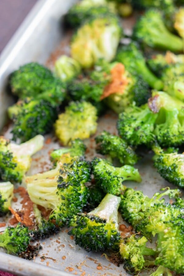 Roasted broccoli on a sheet pan