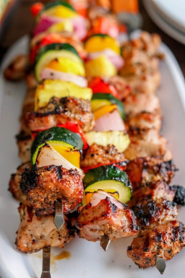 close up of grilled pork kabobs