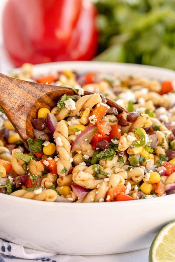 southwest pasta salad in a white bowl.