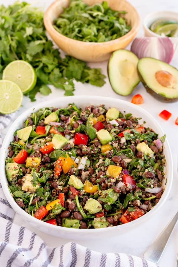southwest quinoa salad in a white bowl