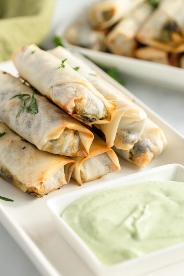 southwestern egg rolls on a white plate with avocado dipping sauce