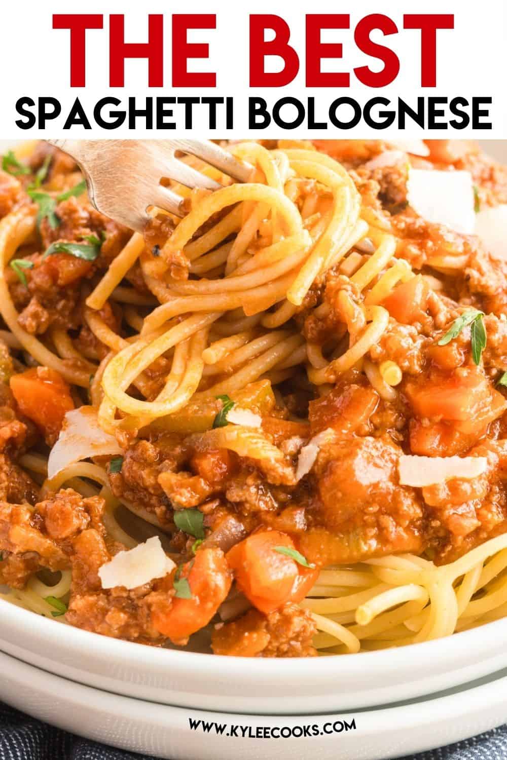 Spaghetti Bolognese with recipe title overlaid in text