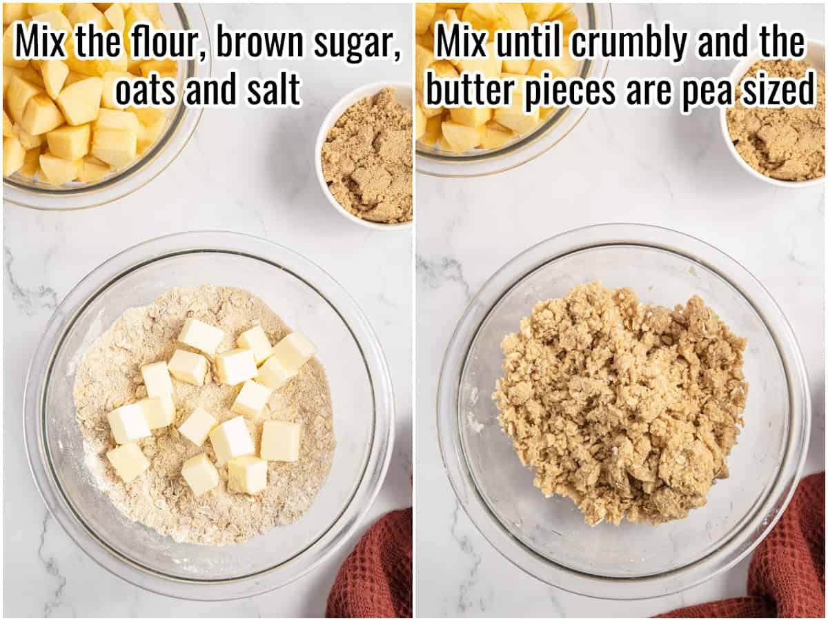 collage of process to make apple crisp topping.