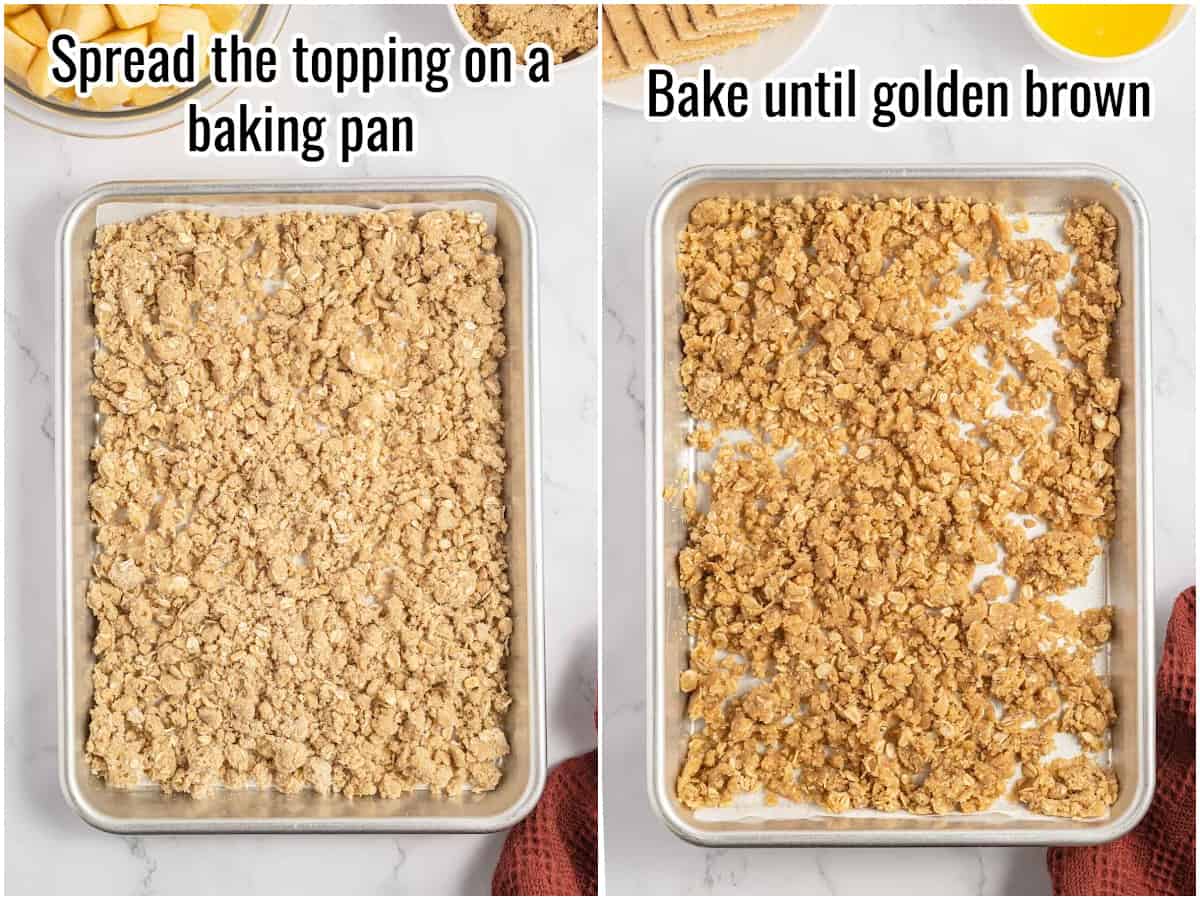 collage of process to make apple crisp topping - toasting the topping.