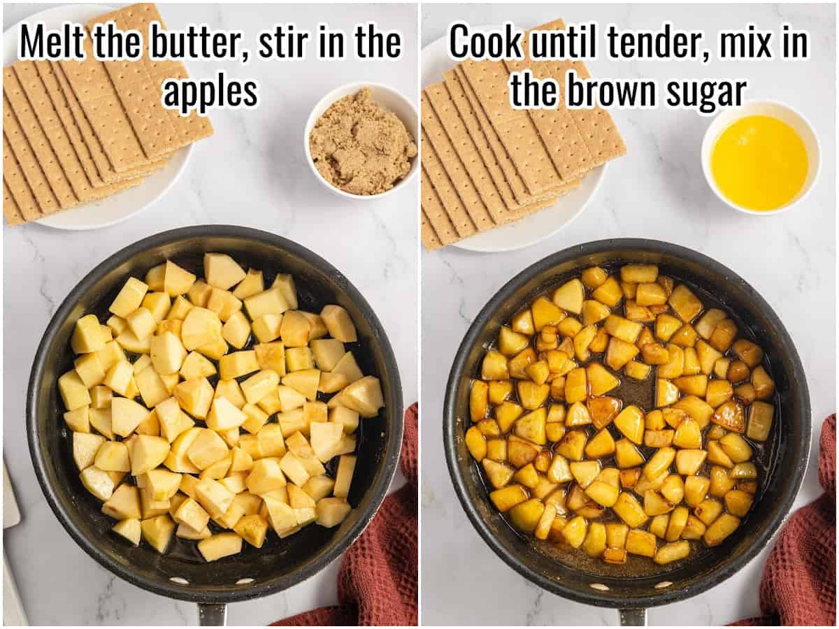 collage of process to make caramelized apples.