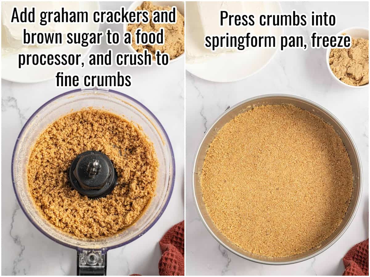 collage of process to make a cheesecake crust.
