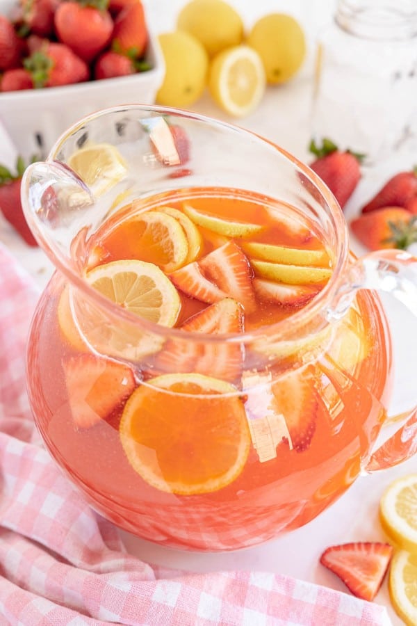strawberry lemonade in a pitcher.