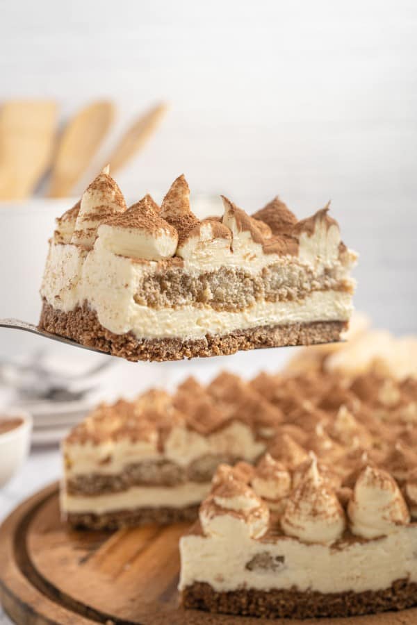 tiramisu cheesecake on a serving spoon.