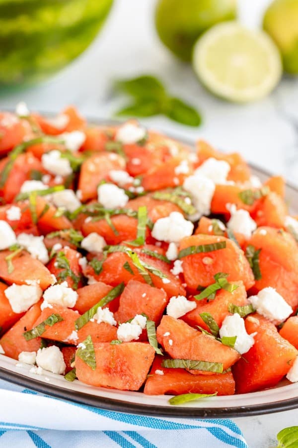 watermelon salad on an oval plate.