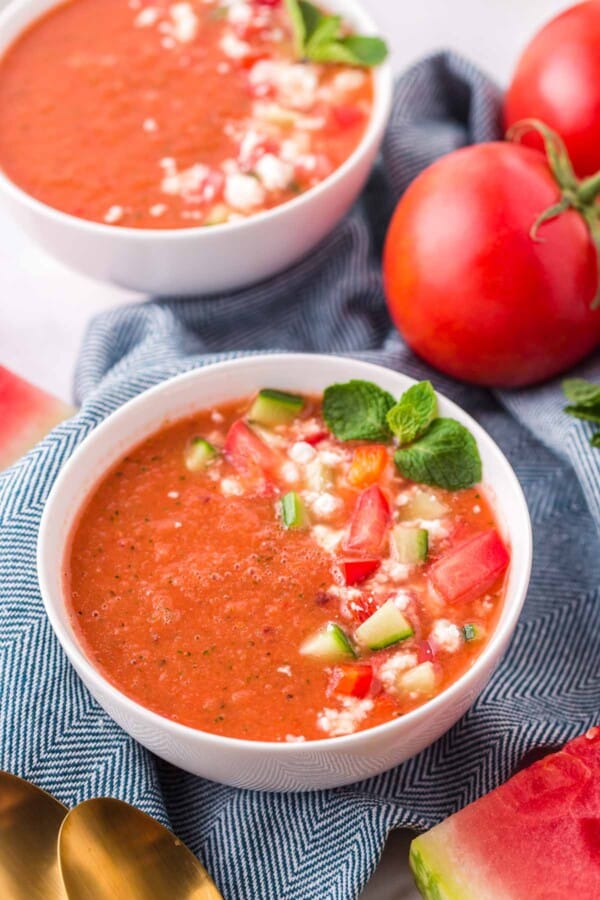 watermelon gazpacho in a white bowl