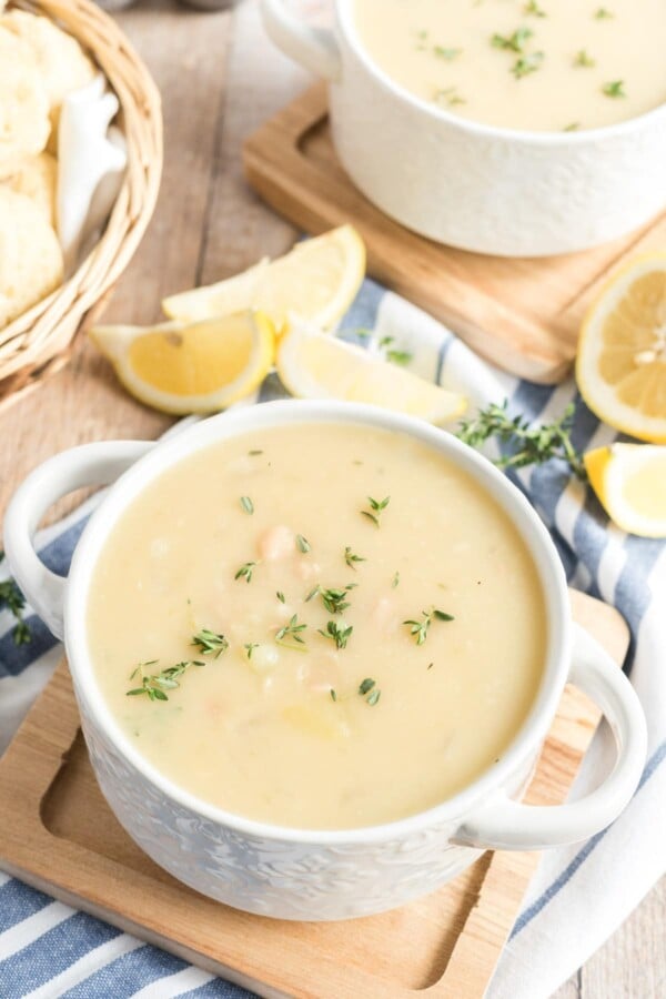 white bean soup in a white bowl